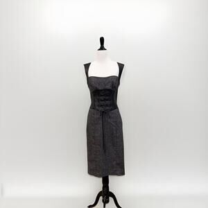 Bebe Vintage Y2K Real Leather Corset Wool Midi Pencil Dress Gray Tweed Size 8